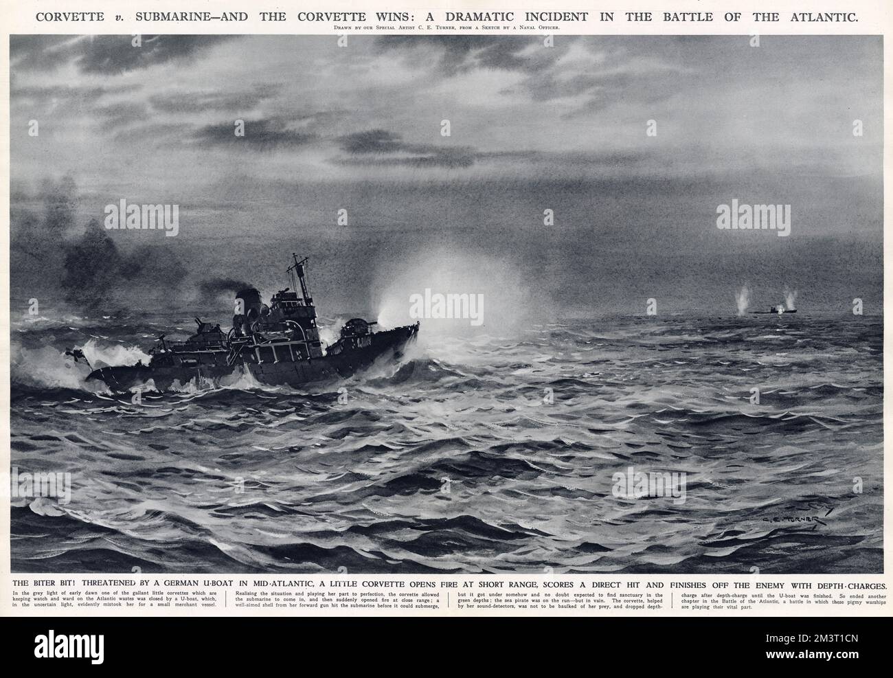 WW2: Corvette gegen U-Boot – Corvette gewinnt Stockfoto