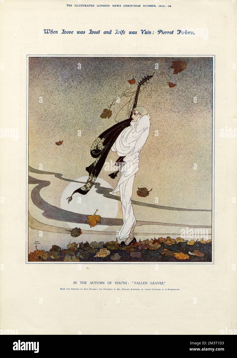 Als die Liebe verloren war und das Leben vergeblich war, Pierrot Forlorn. Im Herbst der Jugend: "Gefallene Blätter". Stockfoto