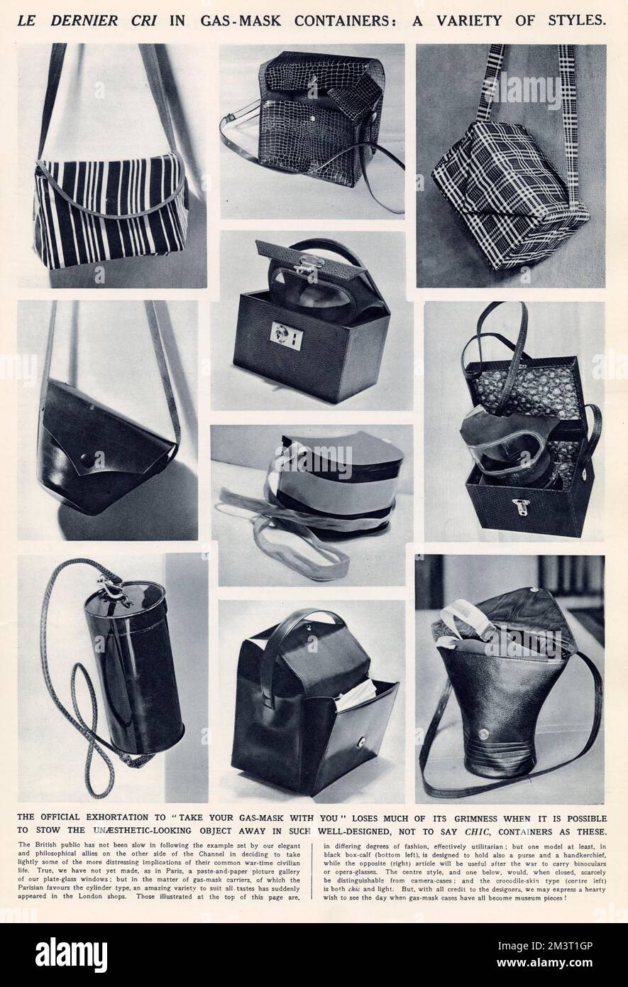 Artikel in den illustrierten London News zeigt eine Vielzahl von schicken Taschen und Containern für den Transport der Gasmasken in den ersten Monaten des Zweiten Weltkriegs. Stockfoto
