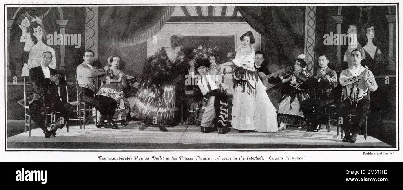 Eine Suite andalusischer Tänze - „Cuadro Flamenco“, aufgeführt während der Aufführung von Diaghilev's Ballet Russes im Prince's Theatre, London. Entwürfe für die Landschaft und die Kostüme wurden von pablo Picasso entworfen Stockfoto