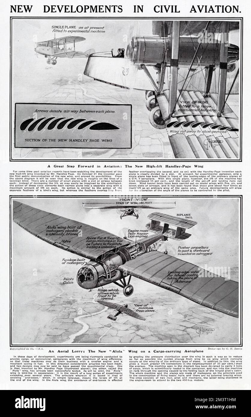Der neue Handley-Page-Flügel mit hohem Liftgewicht wurde von Frederick Handley Page erfunden, einem englischen Industriellen, der ein Pionier in der Flugzeugindustrie war. Stockfoto