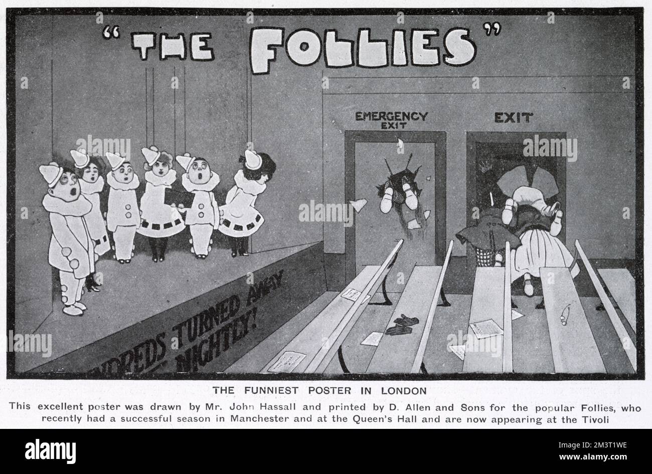Poster von John Hassall für Harry Pelissiers Unterhaltungstruppe, The Follies, das dem Publikum zeigt, wie es zum Ausgang rennt. Dieser eher gegenteilige Ansatz von Hassall erwies sich als unglaublich beliebt. Stockfoto