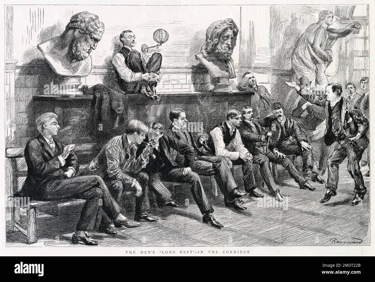 Wilde männliche Kunststudenten, Bilder an der Royal Academy Schule, plaudern zwischen den Unterrichtsstunden. Stockfoto