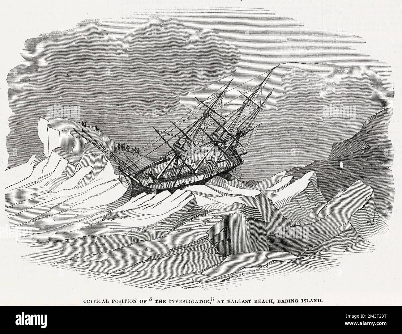 Kritische Position des Schiffs, der Ermittler, Teil der Ross Arctic Expedition am Ballast Beach, Baring Island. Stockfoto