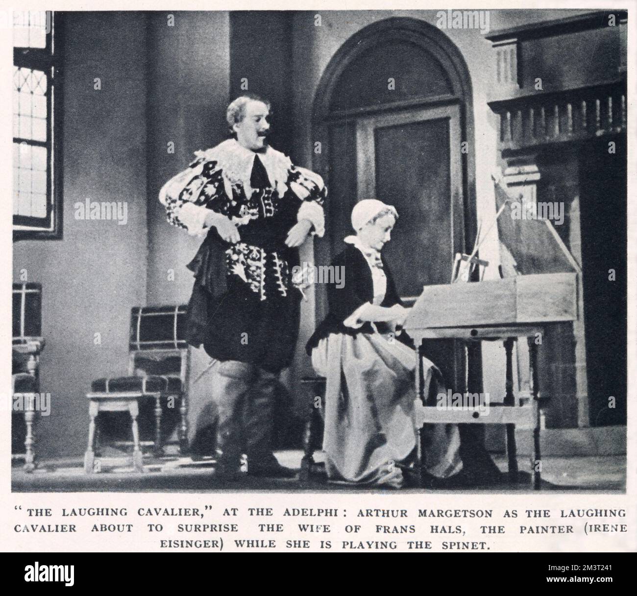 Der lachende Kavalier im Adelphi Theatre, London: Arthur Margetson in der Rolle des Kavaliers wird die Frau von Frans Hals, der Malerin (gespielt von Irene Eisinger), überraschen, während sie Spinet spielt. Stockfoto