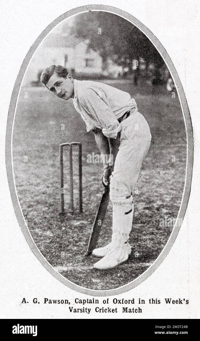 Ein G Pawson - Captain des Oxford University Cricket Teams für das Varisty-Spiel 1910 gegen Cambridge. Stockfoto
