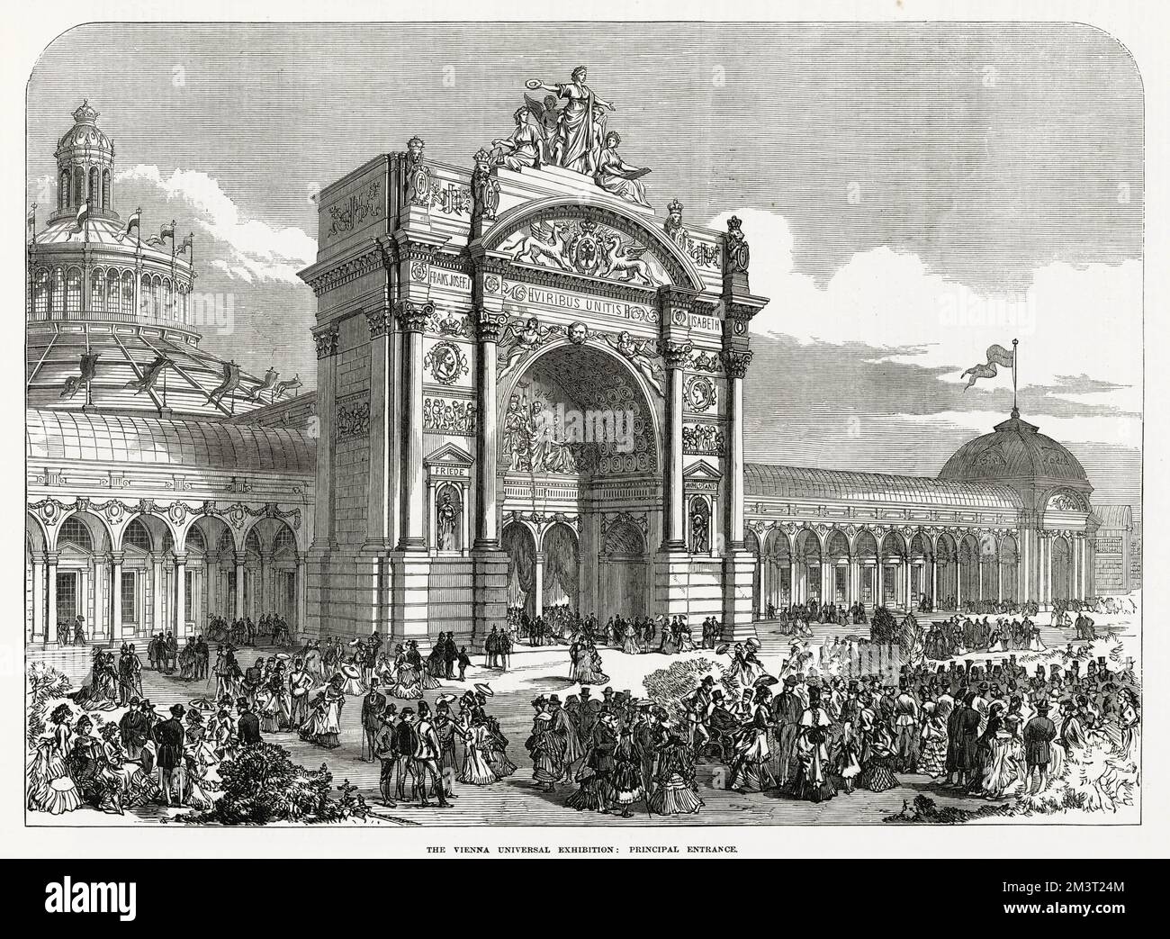 Die Wiener Weltausstellung 1873: Der Haupteingang mit vielen Besuchern. Stockfoto