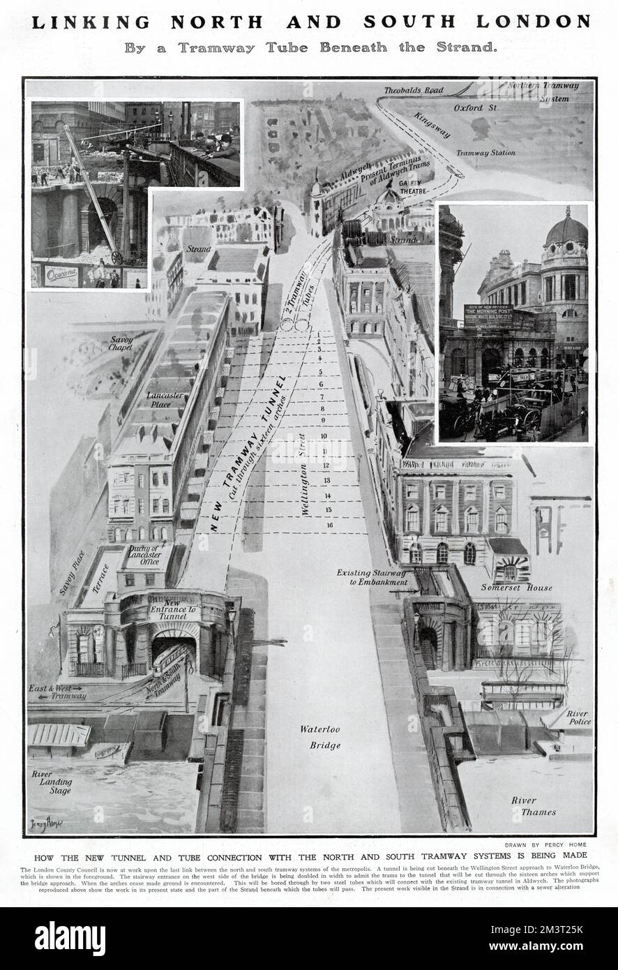 Das Diagramm zeigt die vorgeschlagene Methode, die der Bezirksrat Nord-London nach Süd verbinden will. Anschluss über Straßenbahntunnel unter der Wellington Street zur Waterloo Bridge. Datum: 1907 Stockfoto