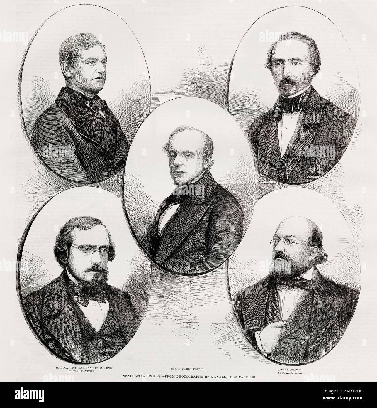 Neapolitanische Exilanten in London: Il Duca Castromediano Caballeno (oben links); Silvio Spaventa (unten links); Baron Carlo Poerio (Mitte); Cesere Braico (oben rechts); Guiseppe Pica (unten rechts). Stockfoto