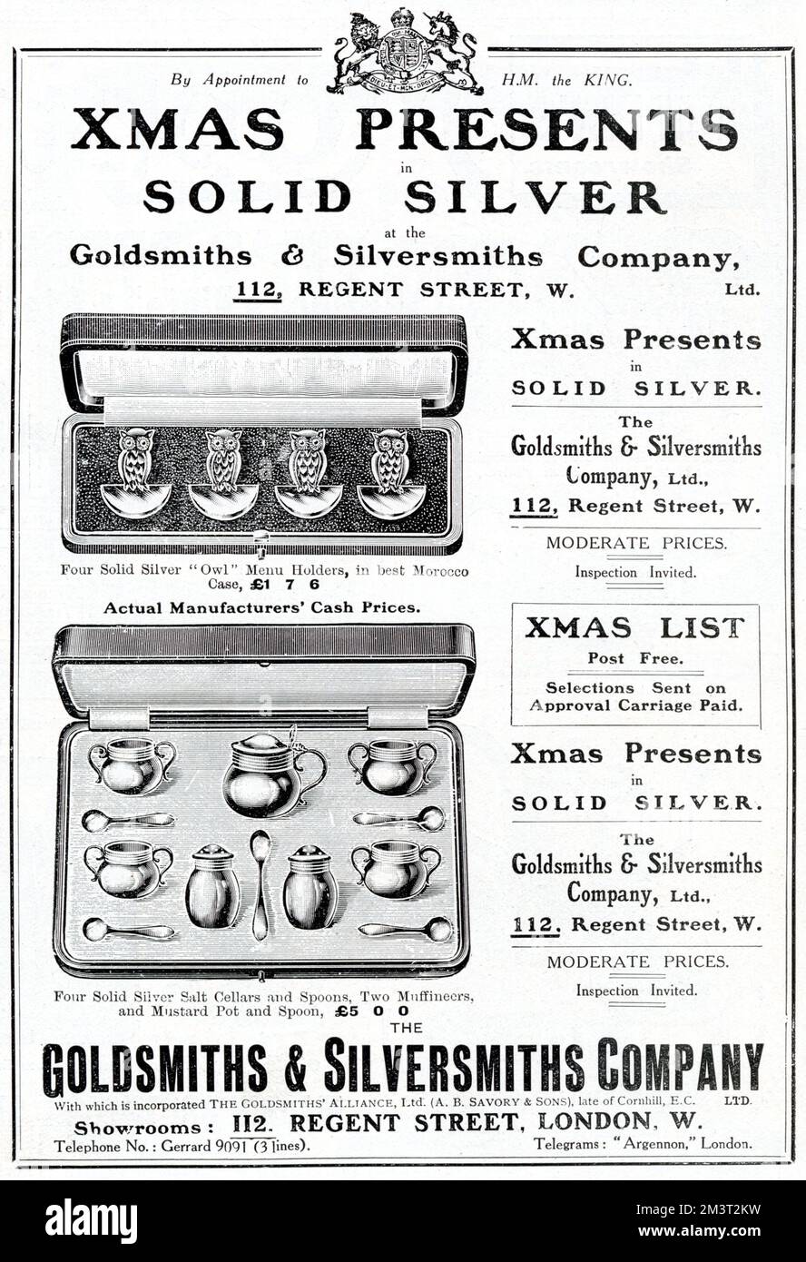 Die Anzeige für Weihnachten präsentiert sich in Silber bei der Golden Smiths & Silversmiths Company, 112 Regent Street, London. Vier Speisekarten aus massiven Silbereulen, Salzkeller und Löffel, zwei Muffiners sowie Senftopf und Löffel. Stockfoto