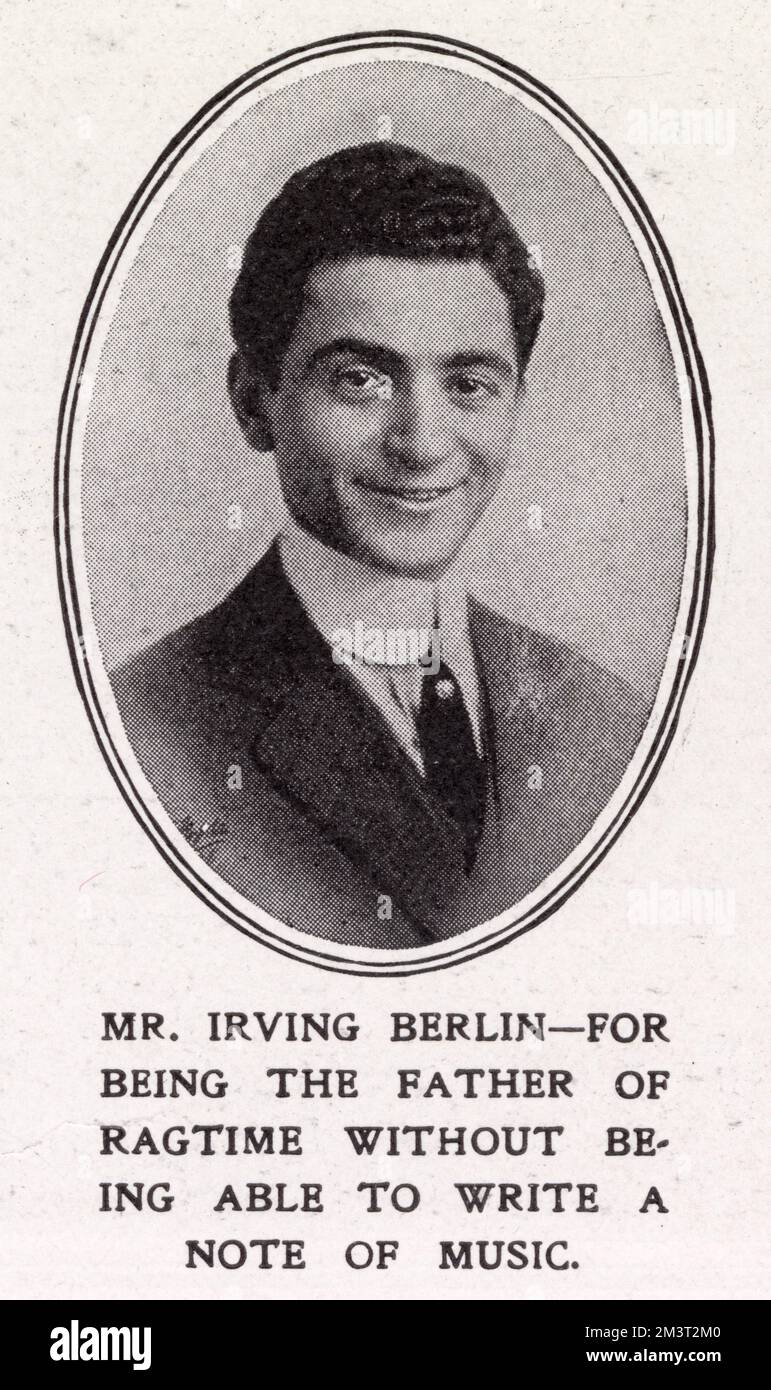 Irving Berlin (1888 - 1889), amerikanischer Komponist und Musiker, bekannt als „König der Ragtime“, als dieses Foto aufgenommen wurde, und erschien im Juli 1913 für eine Woche in der Revue „Hullo Ragtime“ am London Hippodrome. Datum: 1913 Stockfoto