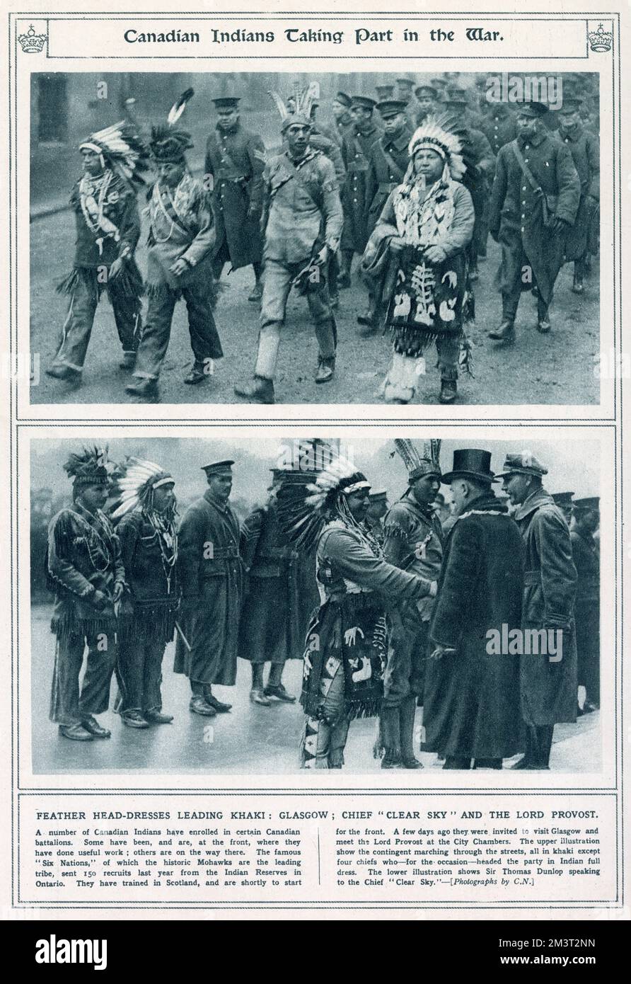 Kanadische Indianer in traditionellen Kleidern, die am Krieg teilnahmen. Stockfoto