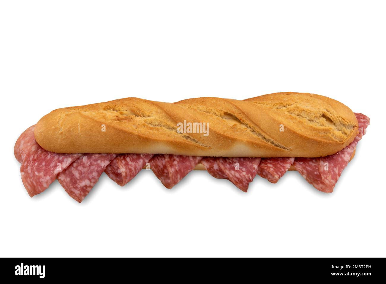 Mini-Baguette mit Salami-Wurst, Sandwich isoliert auf weißem, Schneideweg Stockfoto