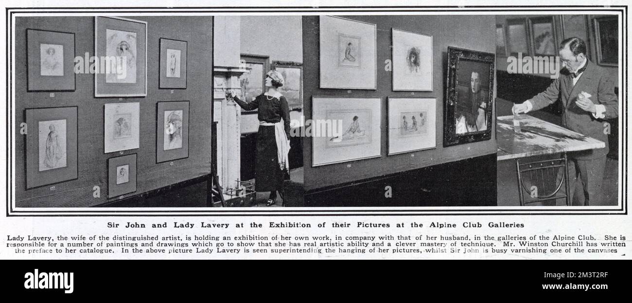 Sir John und Lady Lavery bei der Ausstellung ihrer Bilder in den Alpine Club Galleries 1921. Sir John ist damit beschäftigt, eine seiner Leinwände zu lackieren. Stockfoto