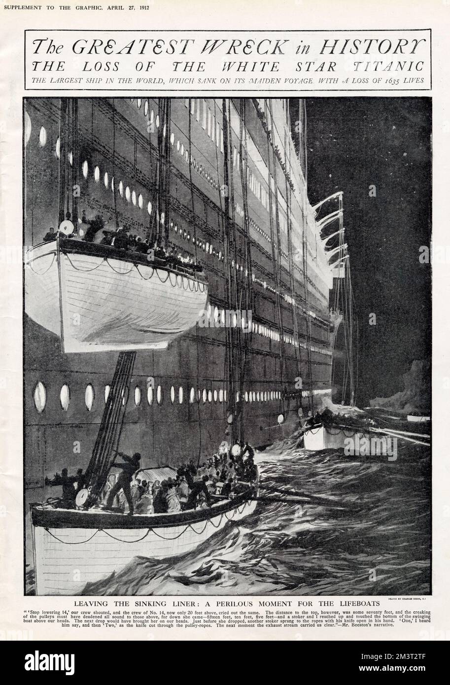 Das größte Wrack der Geschichte: Der Verlust der White Star Titanic. Verlassen des sinkenden Schiffes: Ein gefährlicher Moment für die Rettungsboote, da ein Boot fast direkt auf ein anderes abgesenkt wird. Die Seilrollen werden durchgeschnitten, damit das Boot im Meer frei schweben kann. Stockfoto