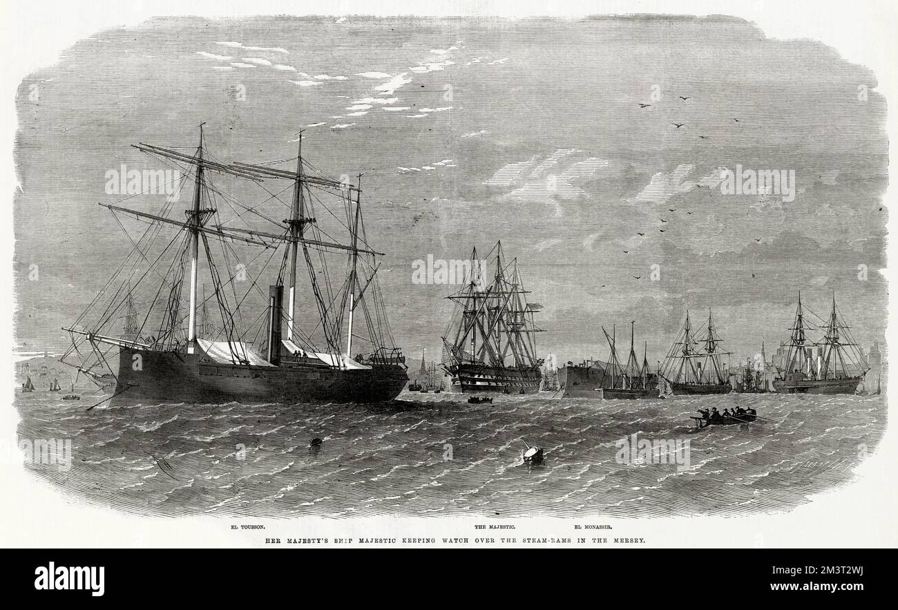 Das Schiff Ihrer Majestät wacht über die Dampfeigen in der Mersey. Stockfoto