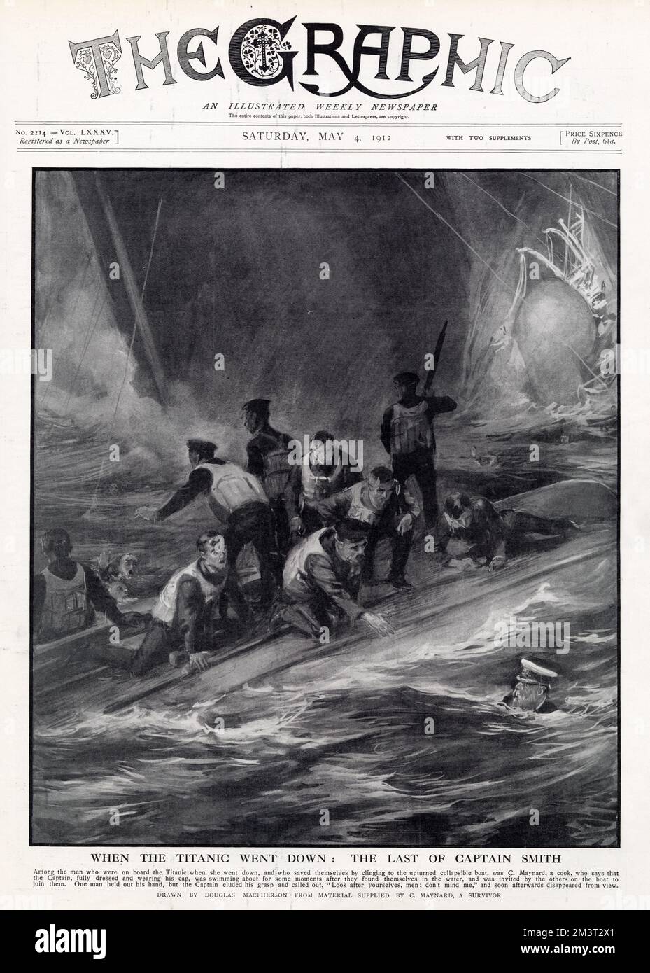 Als die Titanic unterging, der Letzte von Captain Smith. Unter den Männern, die an Bord der Titanic waren, als sie unterging, und die sich selbst retteten, indem sie sich an das umgedrehte zusammenklappbare Boot klammerten, war C. Maynard, ein Koch, Der sagt, dass der Kapitän, voll angezogen und mit seiner Mütze, einige Augenblicke lang herumgeschwommen ist, nachdem sie sich im Wasser wiedergefunden hatten, und von den anderen auf dem Boot eingeladen wurde, sich ihnen anzuschließen. Ein Mann hielt seine Hand aus, aber der Captain entzog sich seinem Griff und rief: "Kümmert euch um euch, Männer, lasst mich in Ruhe." und kurz darauf verschwand er aus dem Blickfeld. Stockfoto