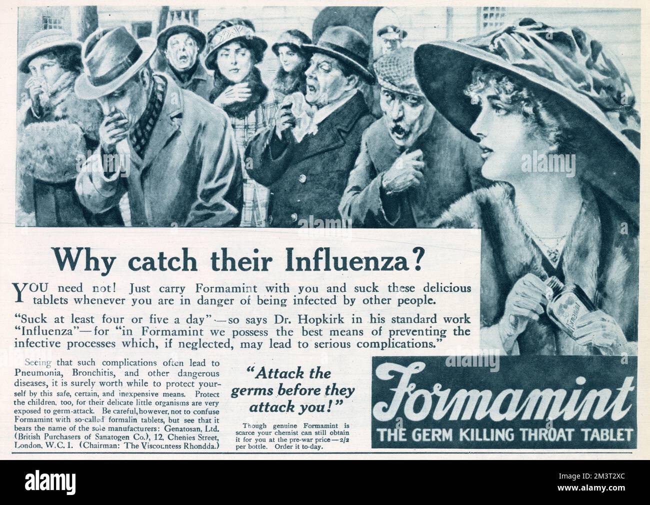 Warum Grippe? Nehmen Sie Formamint, die keimtötende Halsentablette. 'Die Keime angreifen, bevor sie euch angreifen'! Datum: 1918 Stockfoto