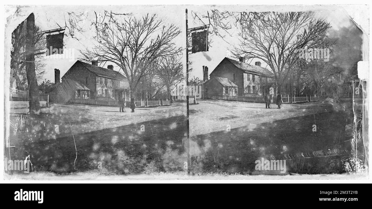Samuel Thaxter House und Drew's Hotel Schild, Gebäude. Hingham Public Library Glass Slide Kollektion Stockfoto