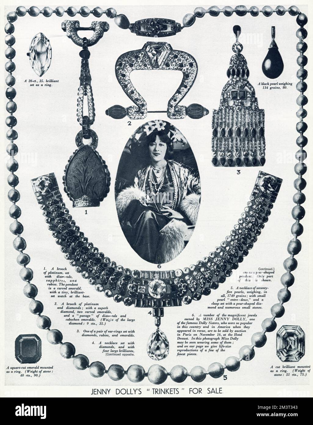 Page von The Sketch berichtet über den Verkauf von Juwelen, die Jenny Dolly gehörten, eine Hälfte des berühmten Zwillingsschwestern-Kabarett-Acts, die Dolly Sisters. Der Verkauf fand im Hotel Drouot in Paris statt. Stockfoto