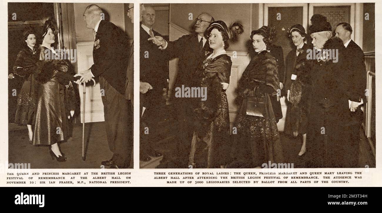 (Links) Königin Elizabeth und Prinzessin Margaret treffen den Präsidenten der britischen Legion Sir Ian Fraser anlässlich des Gedenkfestes in der Royal Albert Hall. (Rechts) am Ende der Veranstaltung können drei Generationen königlicher Damen gesehen werden, wie sie gehen: Die Königin, Prinzessin Margaret und Königin Mary. Stockfoto