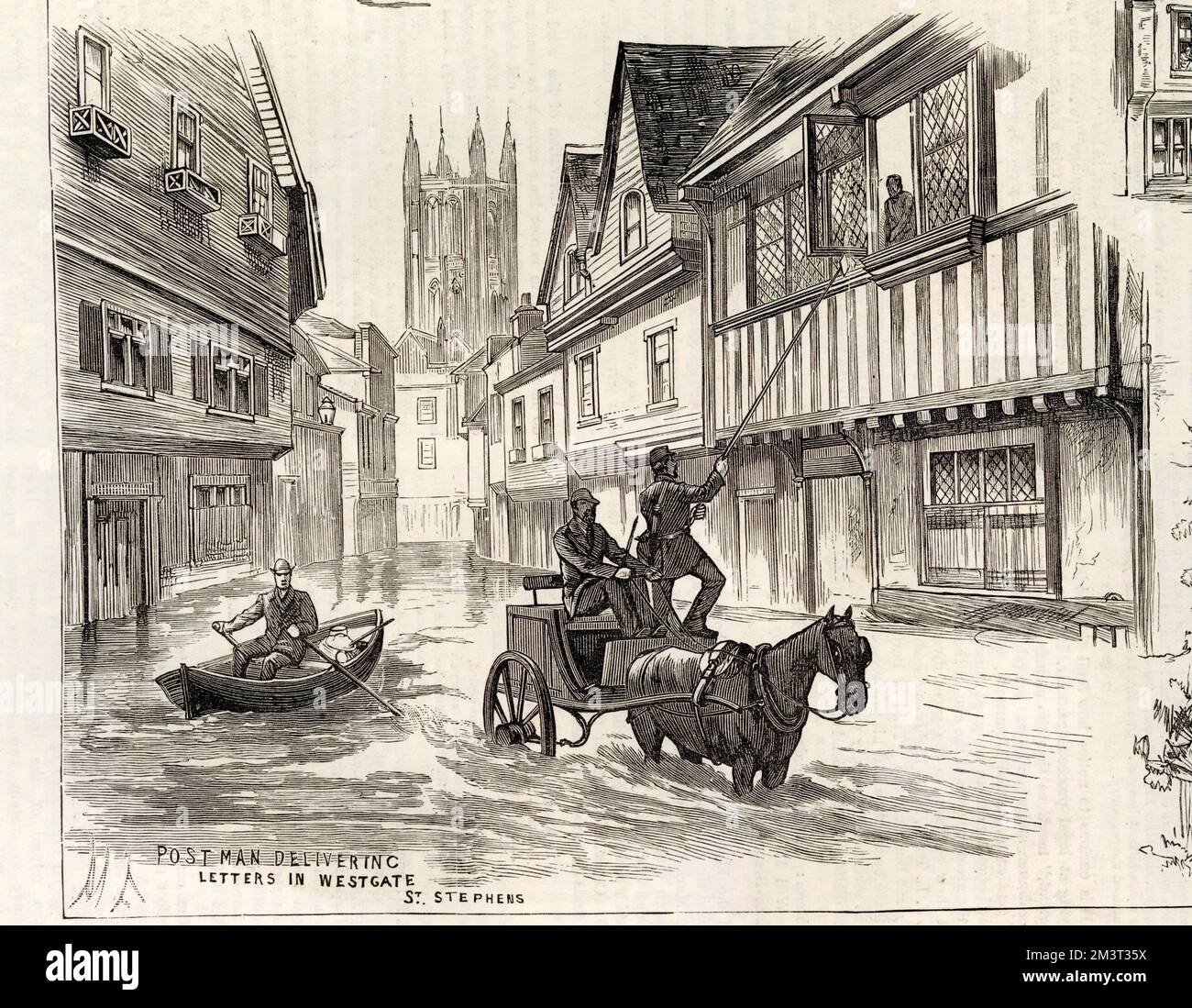 Überschwemmung in Canterbury im Jahr 1882. Ein Postbote übergibt einem Bewohner in einem Haus im mittelalterlichen Westgate Briefe mit einer Pferdekutsche und einem langen Stab, während ein anderer in einem Ruderboot vorbeifährt! Stockfoto