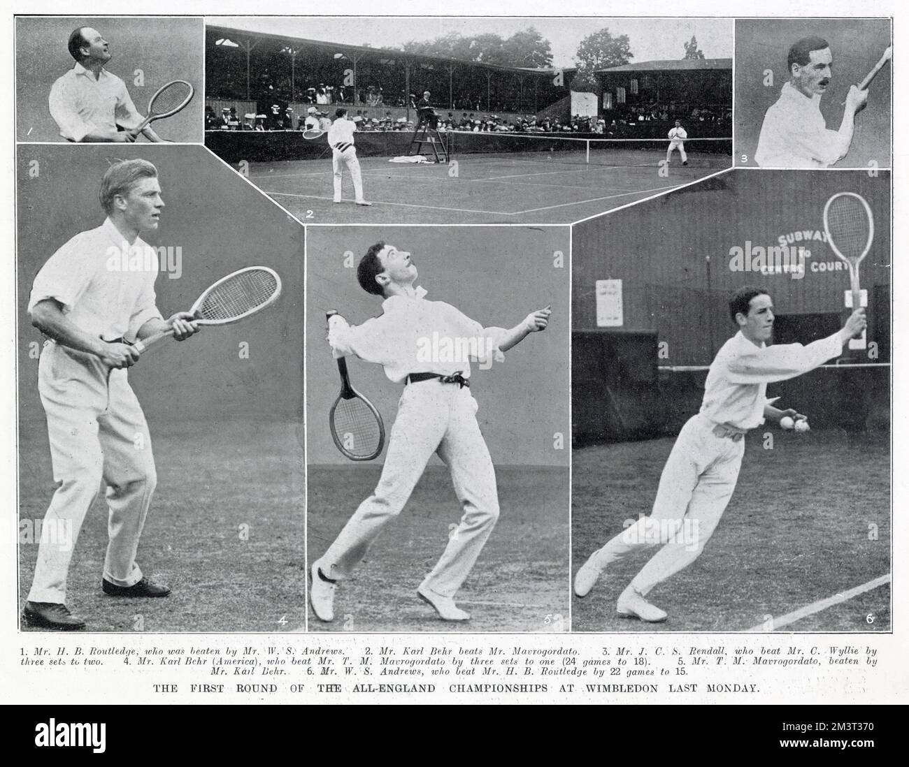 Die erste Runde der All England Championships in Wimbledon. (Von oben links): 1. Herr H Routledge 2, Karl Behr schlägt Theodore Michel Mavrogordato 3. J C S RENDALL 4. Karl Behr (der den Untergang der RMS Titanic überlebte) 5. Theodore Michel Mavrogordato 6. W. S. Andrews Stockfoto