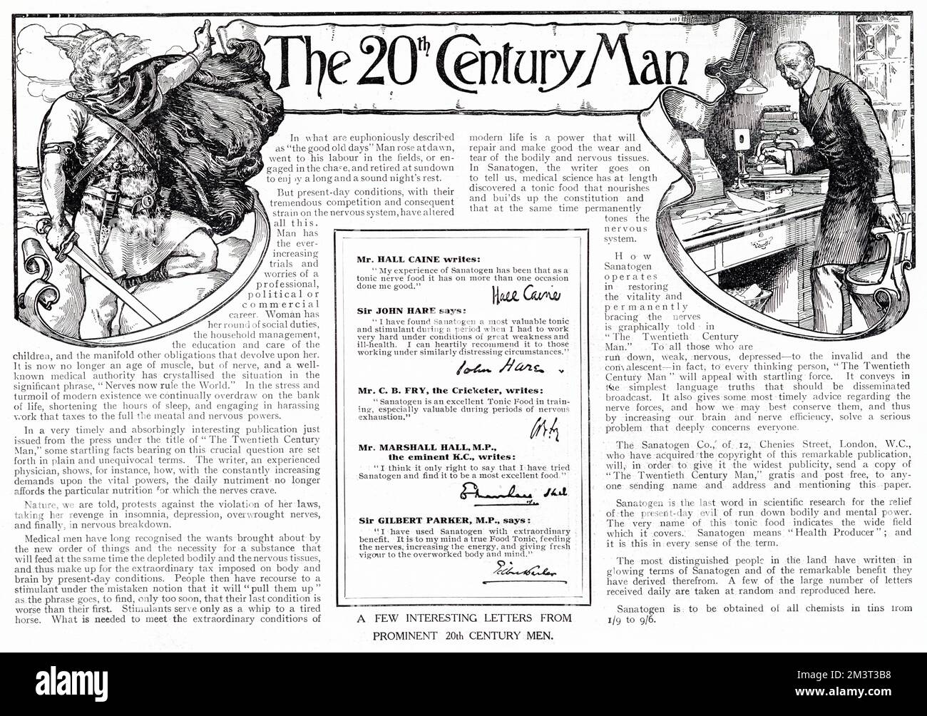 Werbung für Sanatogen-Gesundheitstonikum mit Aussagen einiger prominenter männlicher Persönlichkeiten in der Edwardianischen Gesellschaft. Der Werbespot spricht von der Einfachheit der guten alten Zeiten, während das moderne Leben die Einnahme eines Nahrungsergänzungsmittels erfordert, um seinen Belastungen entgegenzuwirken. Stockfoto