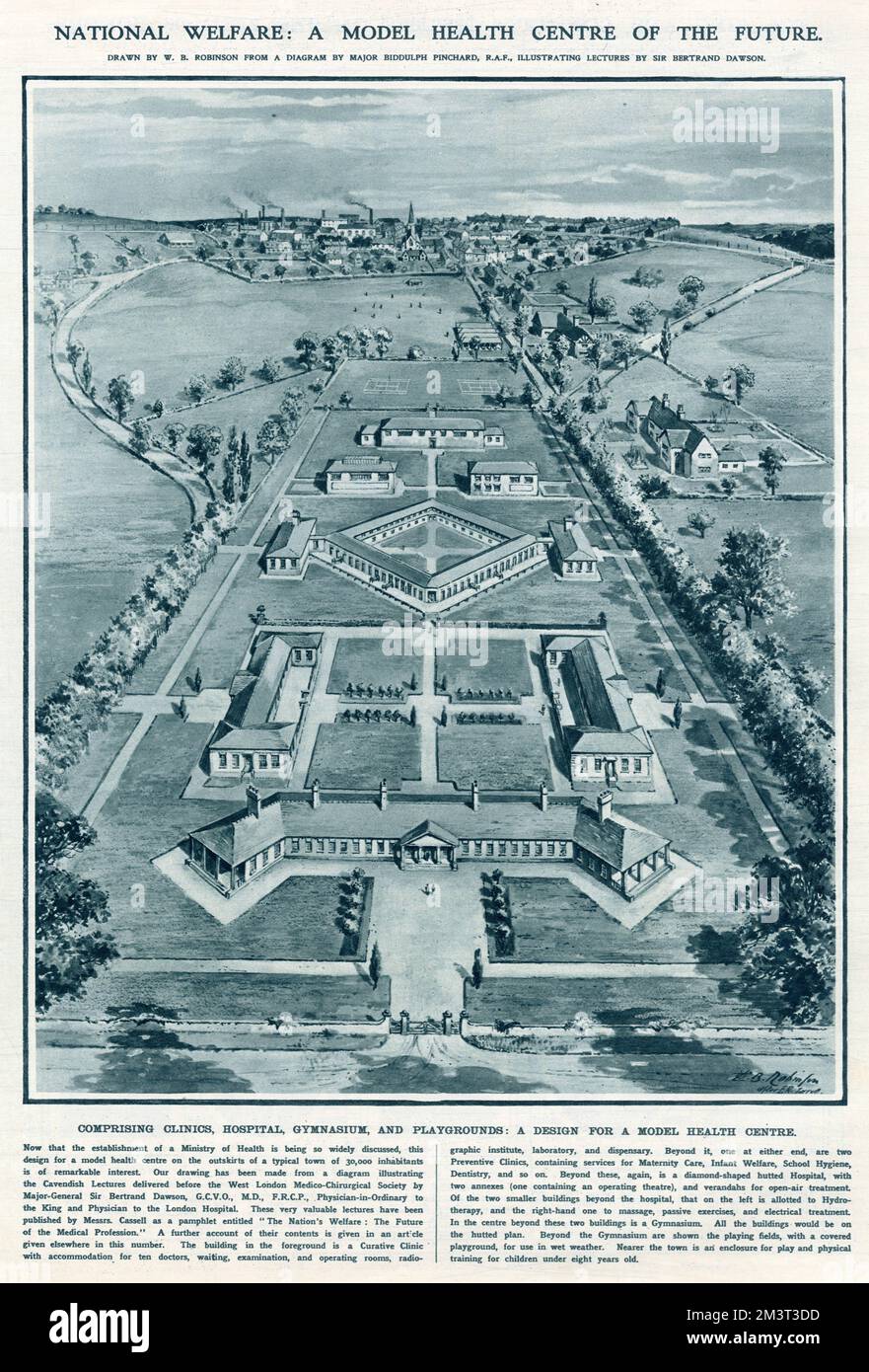 Design für ein modernes Gesundheitszentrum mit Kliniken, Krankenhaus, Gymnasium und Spielplätzen. Illustration von W. B. Robinson basierend auf einem Diagramm von Major Biddulph Pinchard R.A.F, in dem ein Vortrag von Sir Bertrand Dawson illustriert wird. Stockfoto