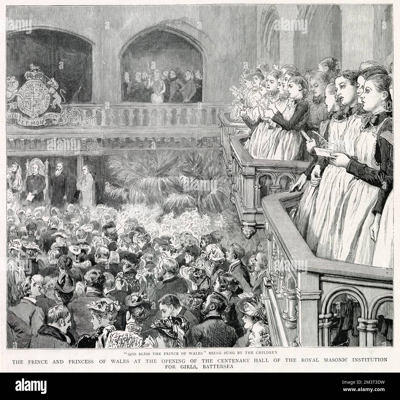 Der Prinz und die Prinzessin von Wales bei der Eröffnung der Strafvollzugshalle der Königlichen Freimaureranstalt für Mädchen, Battersea. "Gott segne den Prinzen von Wales", der von den Kindern gesungen wird. Datum: 1891 Stockfoto