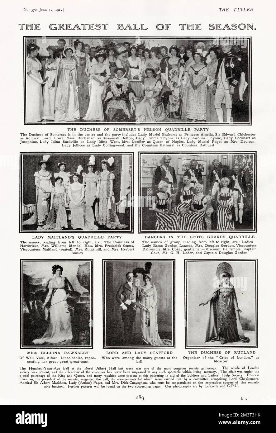 Gruppen auf dem Ball vor hundert Jahren, der im Juni 1912 in der Royal Albert Hall stattfand. Auf den Bildern sehen Sie die Quadrille-Party der Herzogin von Somerset, Lady Maitland's und die schottischen Guards Quadrille-Partys. Unten rechts ist die Herzogin von Rutland als Russland. Stockfoto