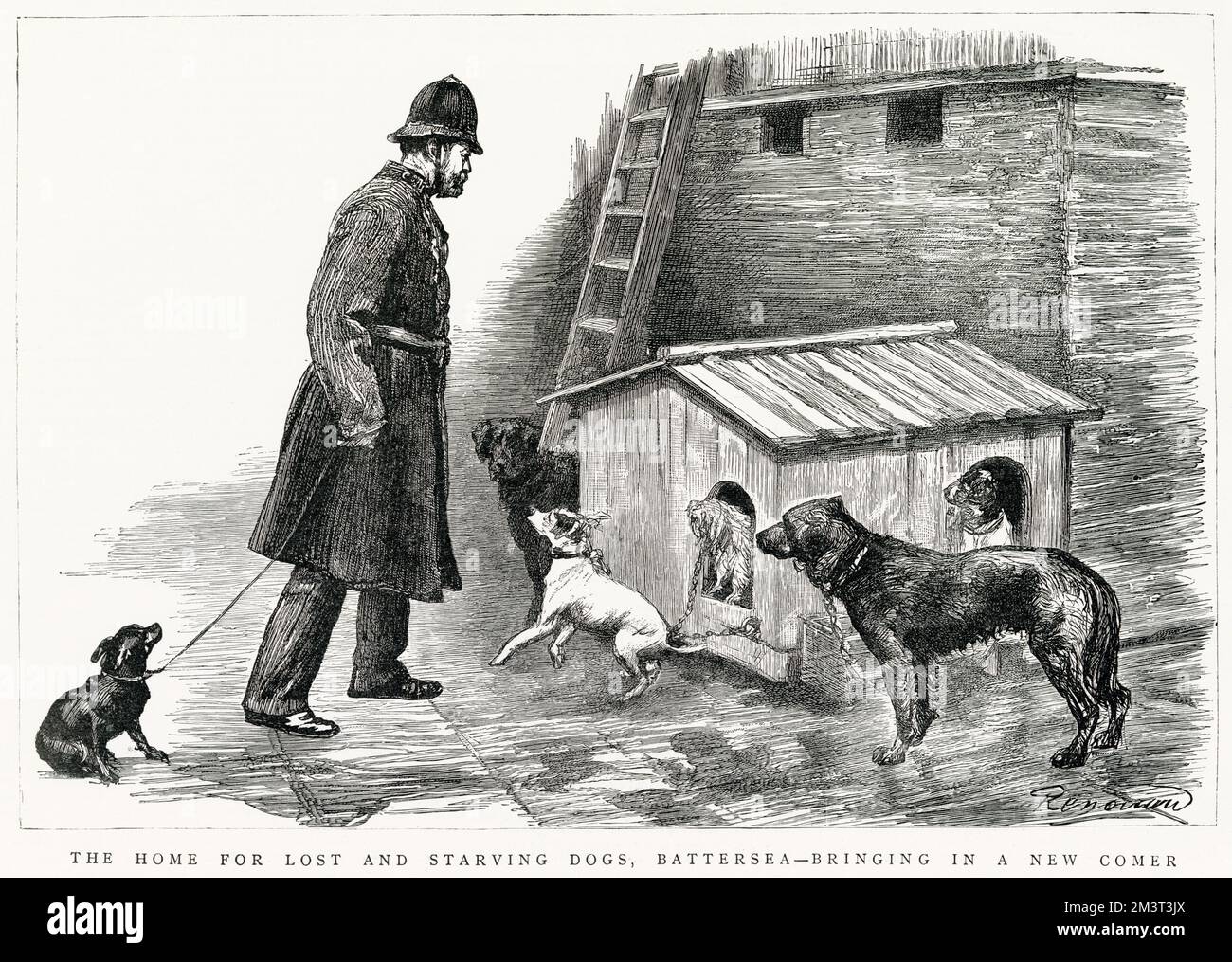 Ein Polizist bringt einen Neuankömmling ins Battersea Dogs Home, London. Stockfoto