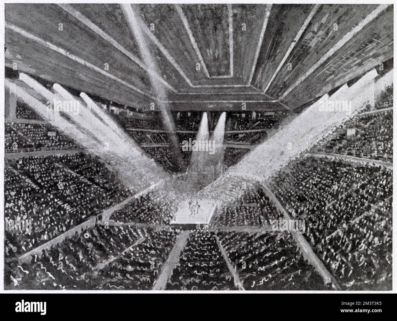 Künstlereindruck eines großen Boxkampfs im Ausstellungs- und Sportzentrum Earl's Court mit Sitzplätzen für 30000 Personen. Stockfoto