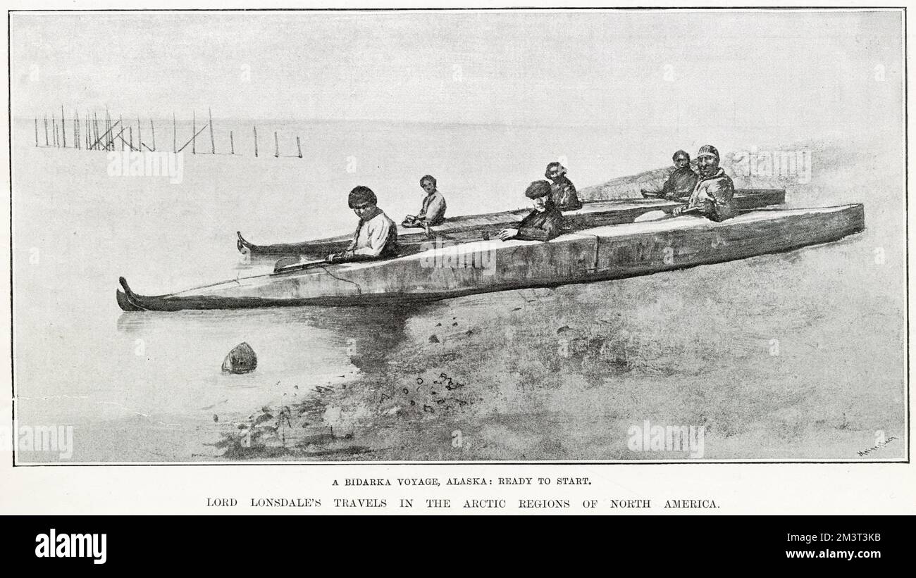 A Bidarka Voyage, Alaska aus Bildern, die in den illustrierten London News von Lord Lonsdales Expedition im Jahr 1889 durch Nordwesten Nordamerikas veröffentlicht wurden, vom North Saskatchewan River über die Ufer des Arktischen Ozeans über Alaska bis zum Nordpazifik. Stockfoto