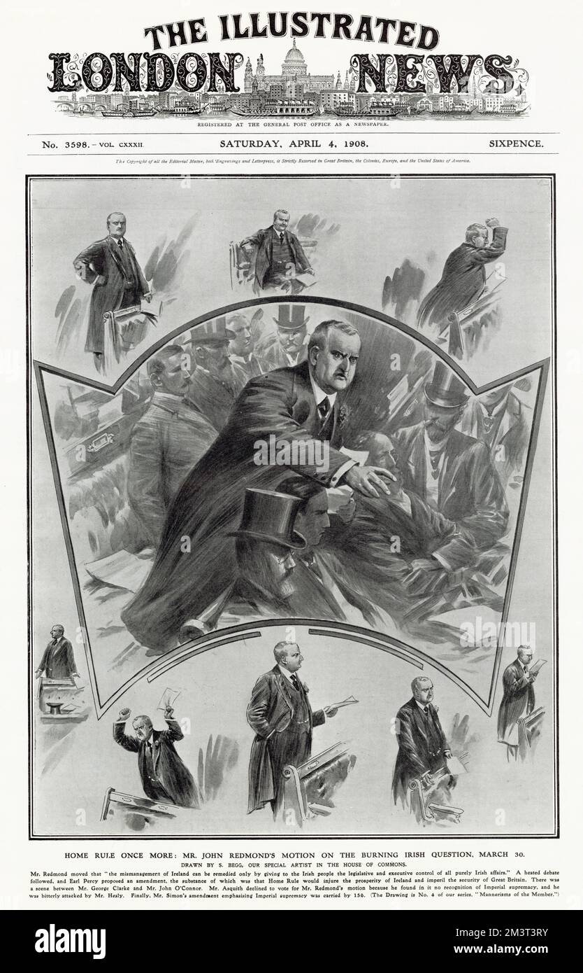 John Redmond (1856-1918), Vorsitzender der irischen Partei, forderte die Hausrechnung für Irland. Noch einmal im Unterhaus eine Rede über den Antrag auf Selbstbestimmung halten. "Das Missmanagement Irlands kann nur dadurch behoben werden, dass dem irischen Volk die legislative und exekutive Kontrolle über alle rein irischen Angelegenheiten übertragen wird," Datum: 1908 Stockfoto