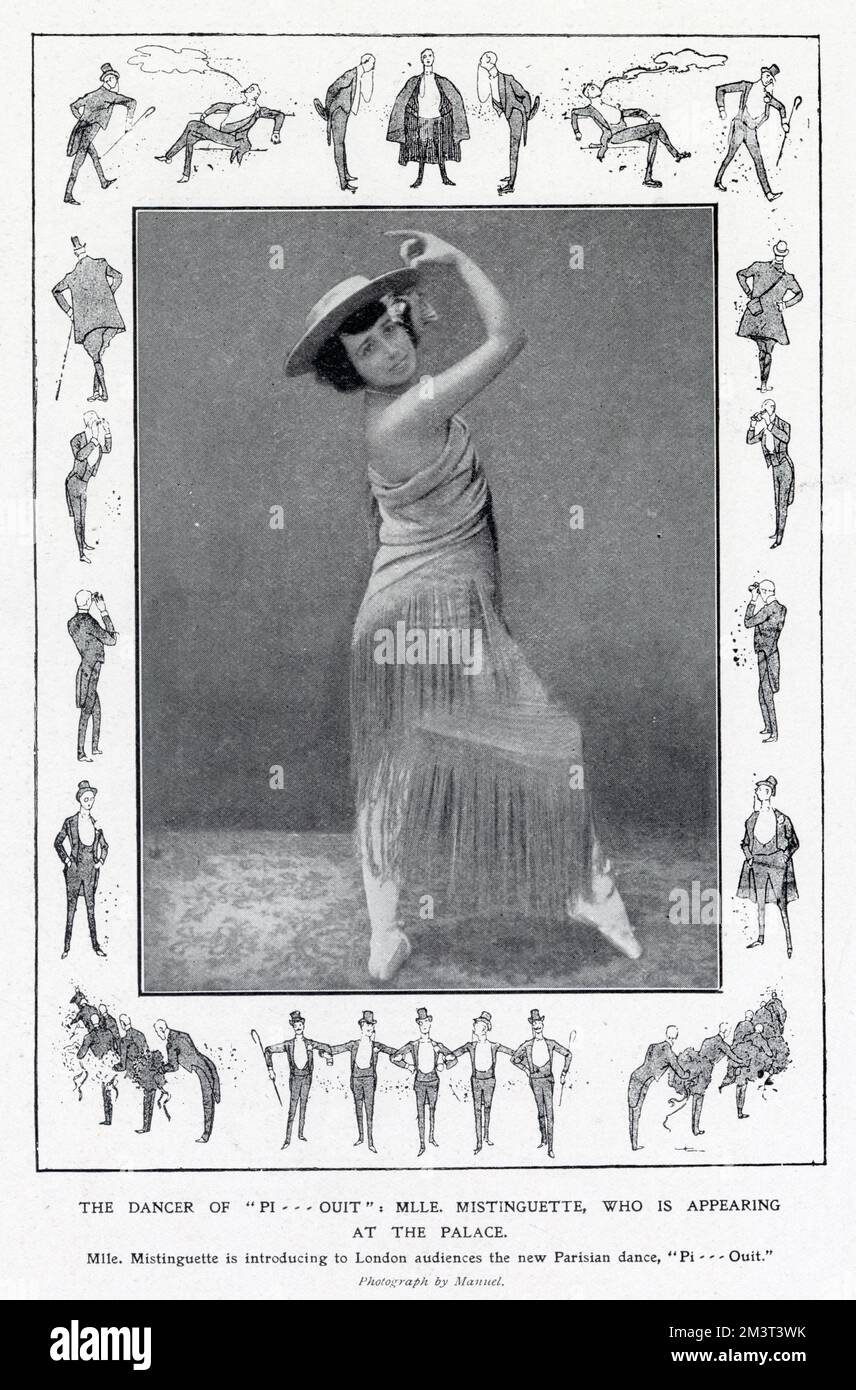 Die berühmte französische Tänzerin und Entertainerin Mistinguett wurde während ihrer ersten Auftritte in London im Palace Theatre in Kostüm gesehen, wo sie den Pariser Tanz des 'Pi........ Ouit'. Stockfoto