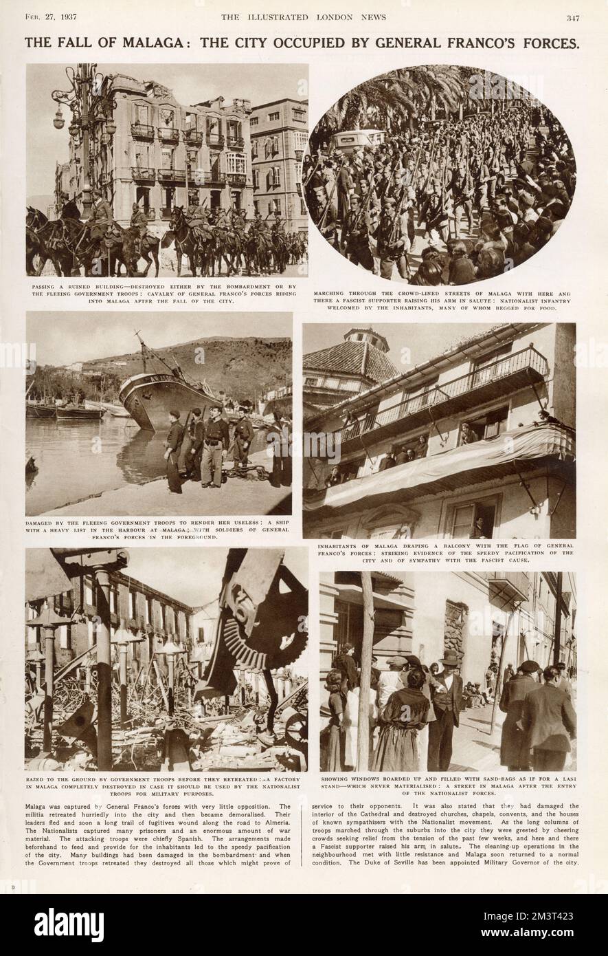 Der Fall von Malaga: Die Stadt, die von General Francos Streitkräften besetzt ist. Spanischer Bürgerkrieg. Seite der illustrierten London News, 27. Februar 1937. Stockfoto