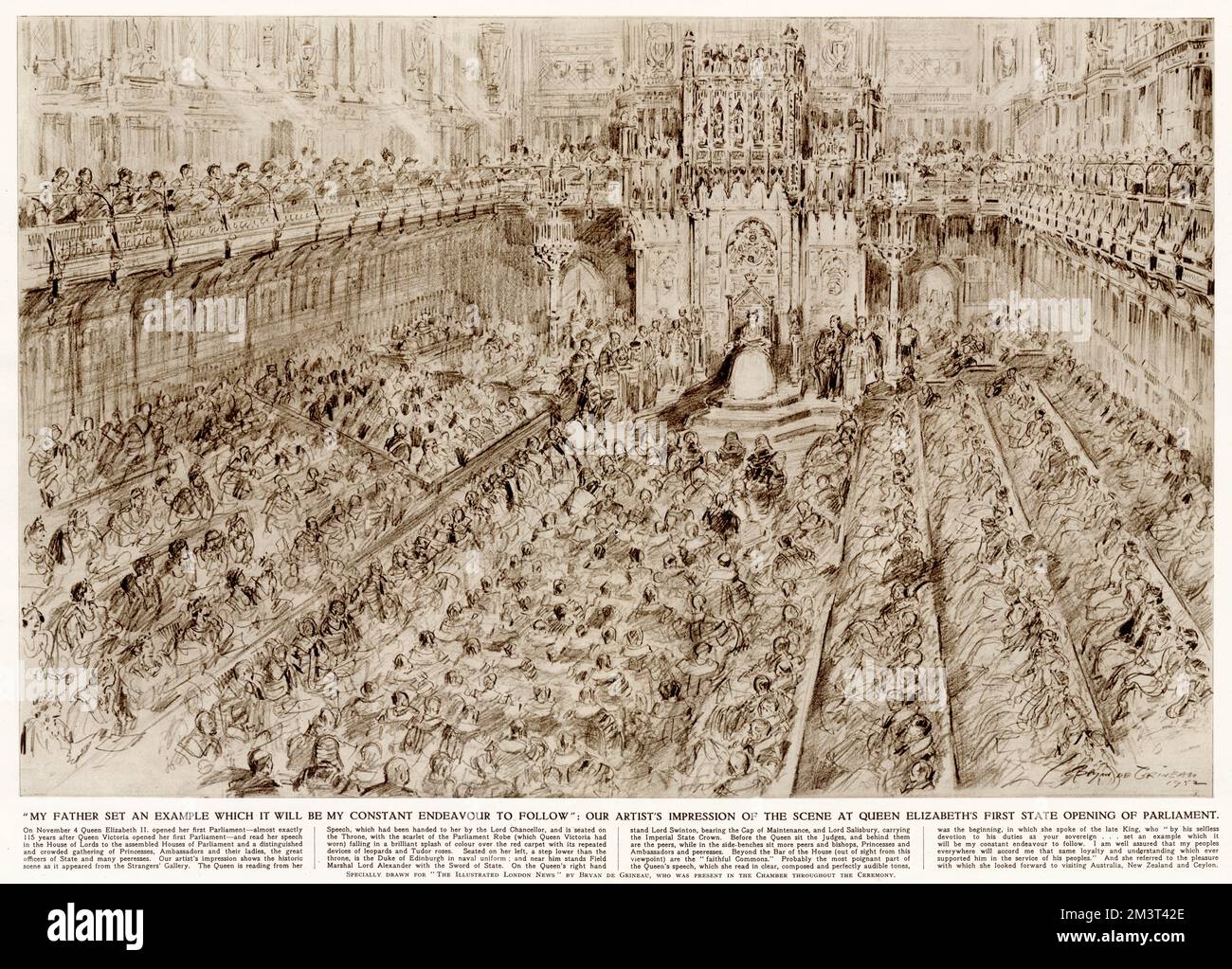 Szene im House of Lords am 4. November 1952, als Königin Elizabeth II. Ihr erstes Parlament eröffnete und ihre erste Rede las, aus Sicht der Fremden-Galerie. Stockfoto