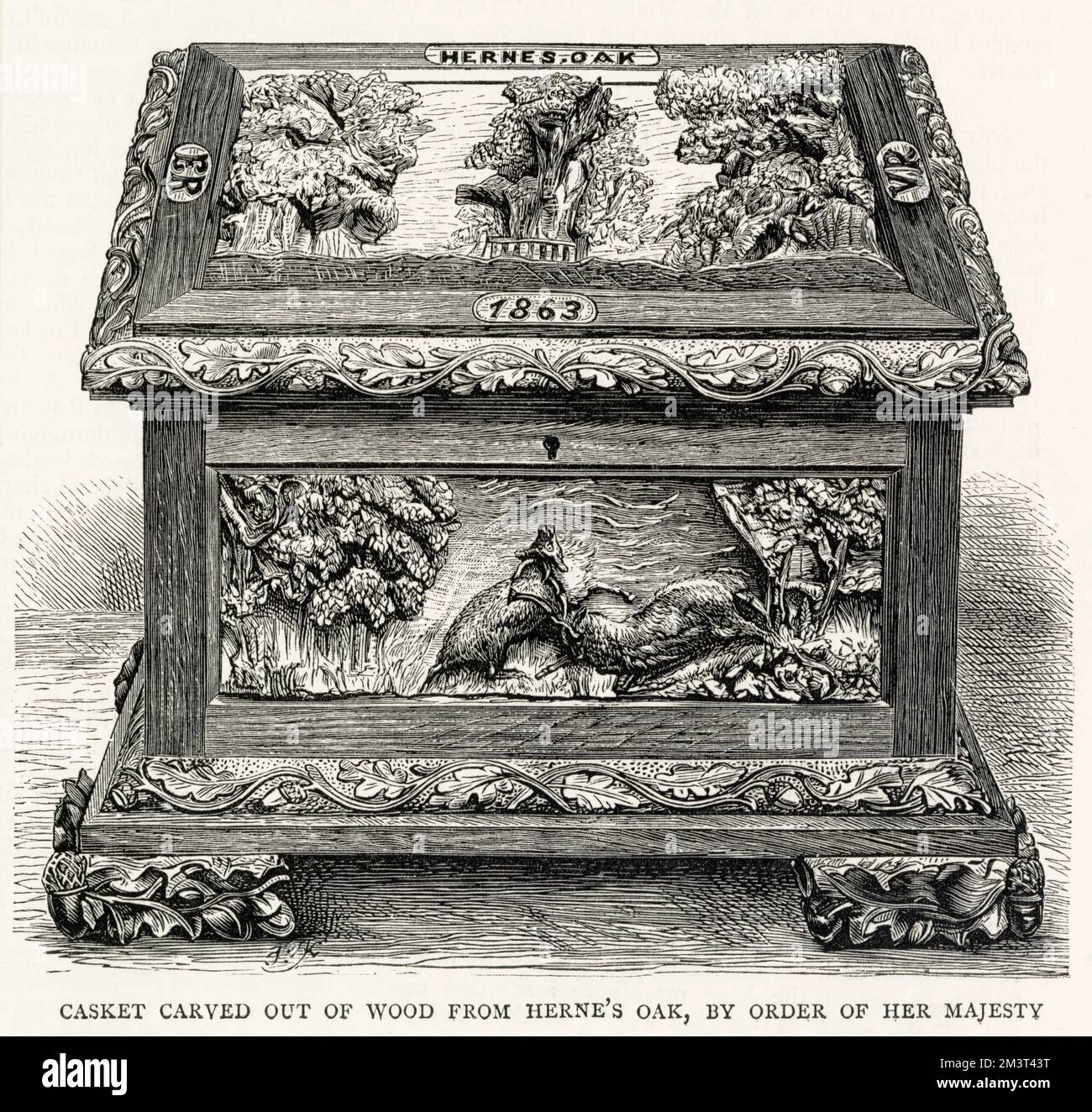 Ein aus Holz geschnitzter Sarg aus Hernes Eiche, auf Befehl Ihrer Majestät Königin Victoria. In englischer Folklore ist Herne der Jäger ein Geist, der mit dem Windsor Forest und dem Great Park in der englischen Grafschaft Berkshire verbunden ist, die im Winter eine bestimmte Eiche heimsucht. Einige Ordnance Survey Karten zeigen Herne's Oak ein wenig nördlich von Frogmore House im Home Park (neben dem Windsor Great Park). Dieser Baum wurde 1796 gefällt. Im Jahr 1838 behauptete Edward Jesse, dass ein anderer Baum in der Straße die echte Herne's Oak sei, und dies gewann an Popularität, insbesondere bei Königin Victoria. Dieser Baum wurde abgerissen Stockfoto
