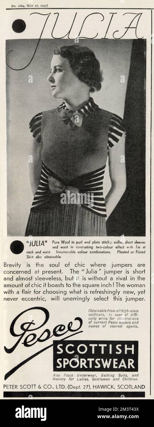 Werbung für den Julia Pullover von Pesco Scottish Sportswear, in reiner  Wolle. Der Julia Pullover ist kurz und fast ärmellos, aber ohne einen  Rivalen in der Menge an Chic, die er bis