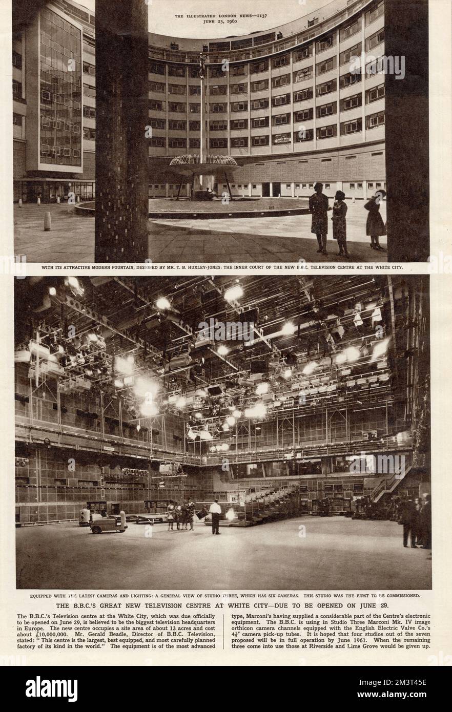 Seite der illustrierten London News über das neue Fernsehzentrum in White City im Westen Londons, das am 29. Juni 1960 eröffnet werden soll. Stockfoto