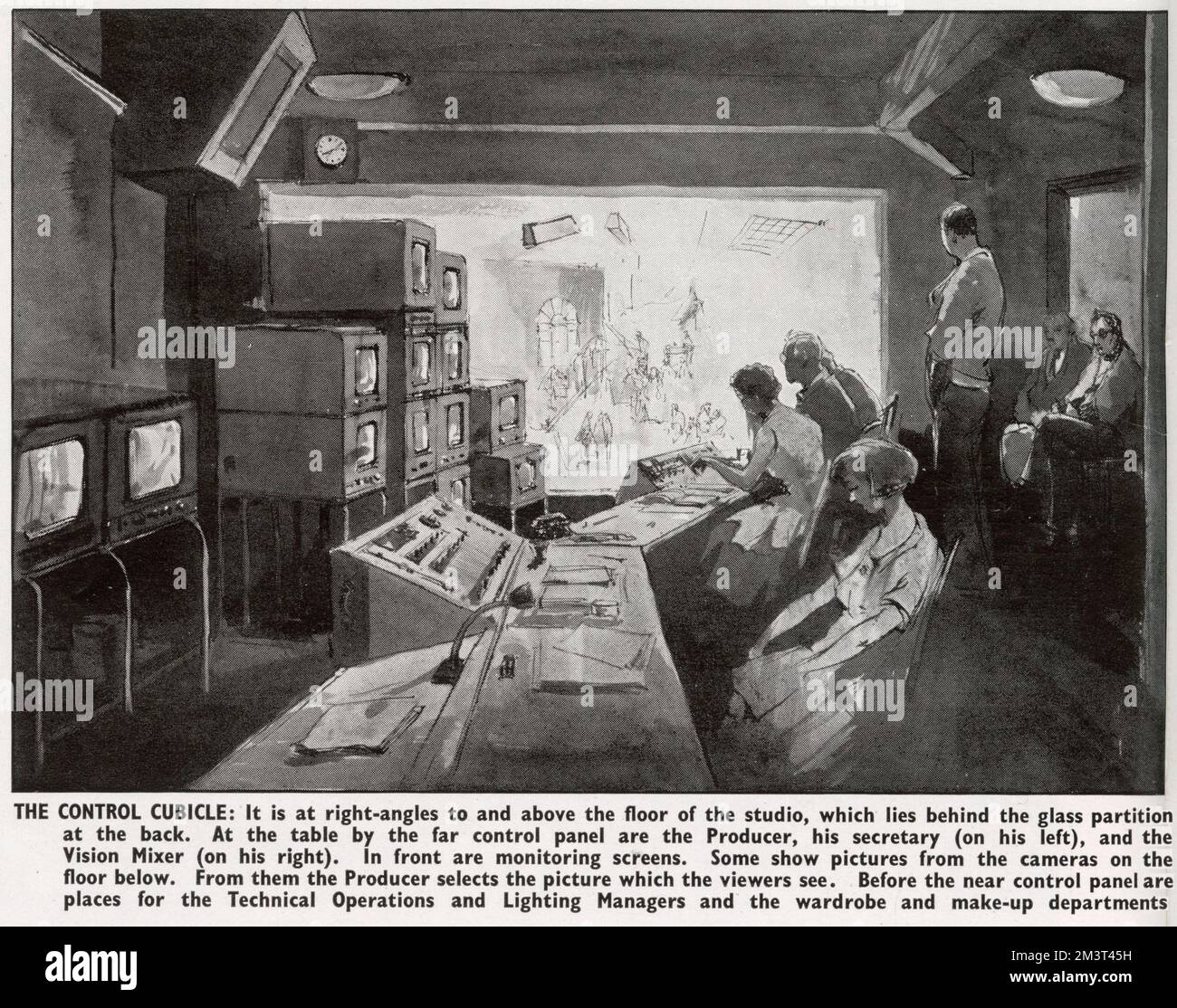 Der Schaltkasten während der Produktion eines BBC-Spiels mit dem Hersteller und dem Vision-Mischer bei der Arbeit. Stockfoto