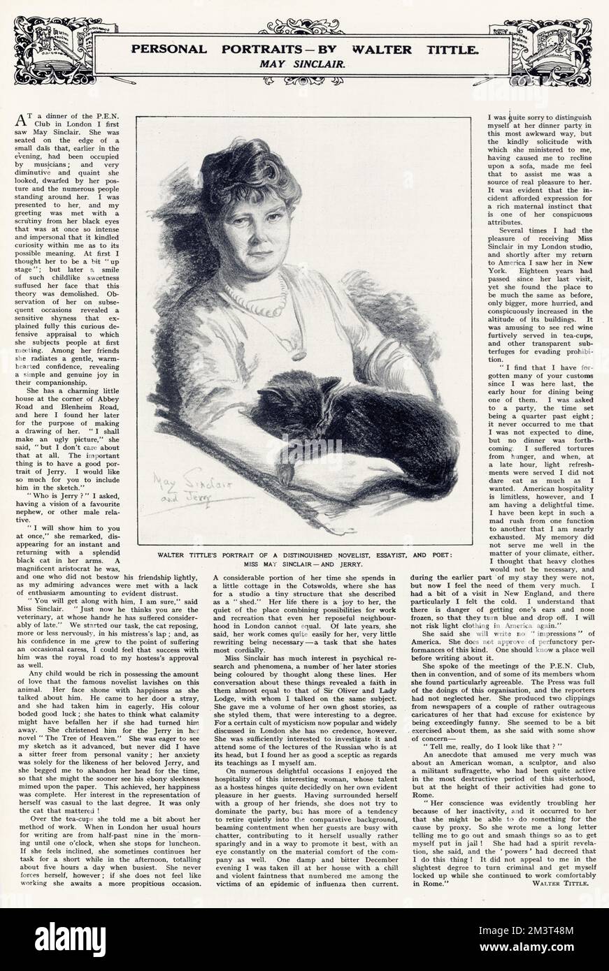 May Sinclair, geboren in Mary Amelia St. Clair (1863 - 1946), Schriftsteller, Kurzgeschichtenschreiber, Dichter und Suffragist. Abgebildet in den illustrierten London News mit ihrer Katze Jerry in einem Porträt mit begleitendem Artikel von Walter Tittle. Stockfoto