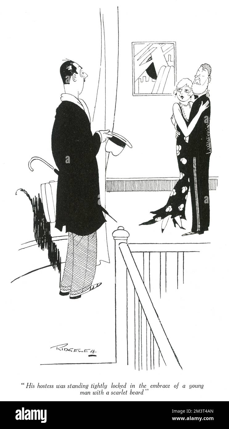 Seine Gastgeberin stand fest eingeschlossen in der Umarmung eines jungen Mannes mit Scharlachbart. Humorvolle Illustration von Ridgewell zur Veranschaulichung einer Kurzgeschichte von D. B. Wyndham Lewis in der Zuschauer-Weihnachtsnummer 1930. Stockfoto