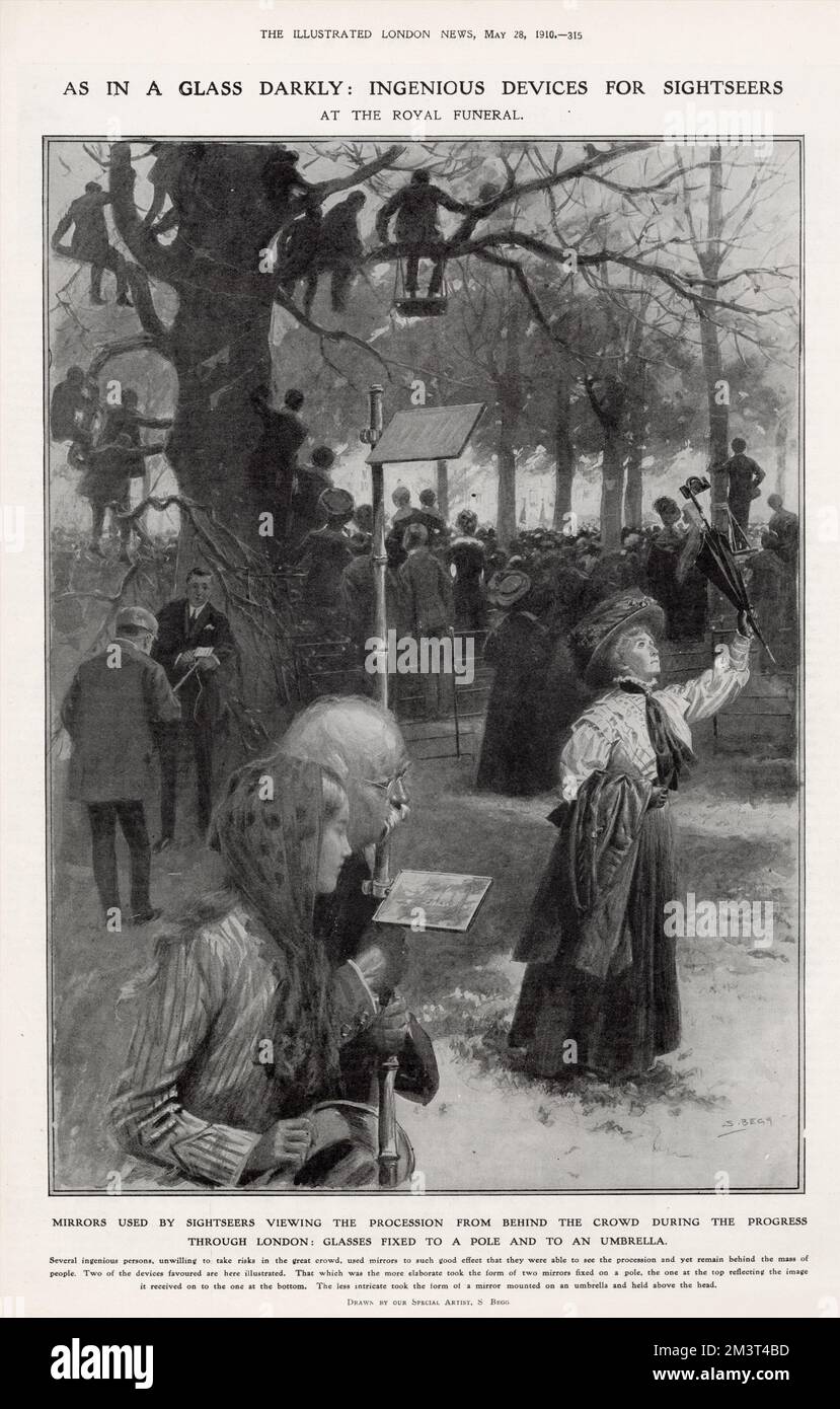 Besucher auf der Beerdigung von König Edward VII am 20. Mai 1910, die Spiegel als provisorische Periskope nutzen, um die Prozession über den Menschenmassen entlang der Route zu beobachten. Die abgebildeten Leute benutzen Spiegel, die an einer Stange und einem Schirm befestigt sind. Stockfoto
