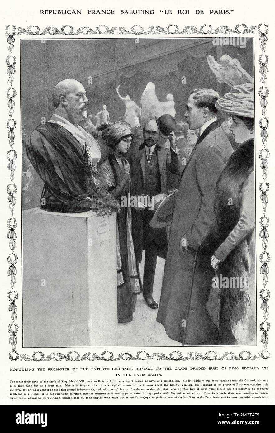 Republikanisches Frankreich mit Salut 'Le ROI de Paris'. Zu Ehren des Promoters der Entente Cordiale: Die Pariser ehren die mit Krabben bedeckte Büste von König Edward VII. Von Albert Bruce-Joy im Pariser Salon nach dem Tod des Königs am 6. Mai 1910. Stockfoto