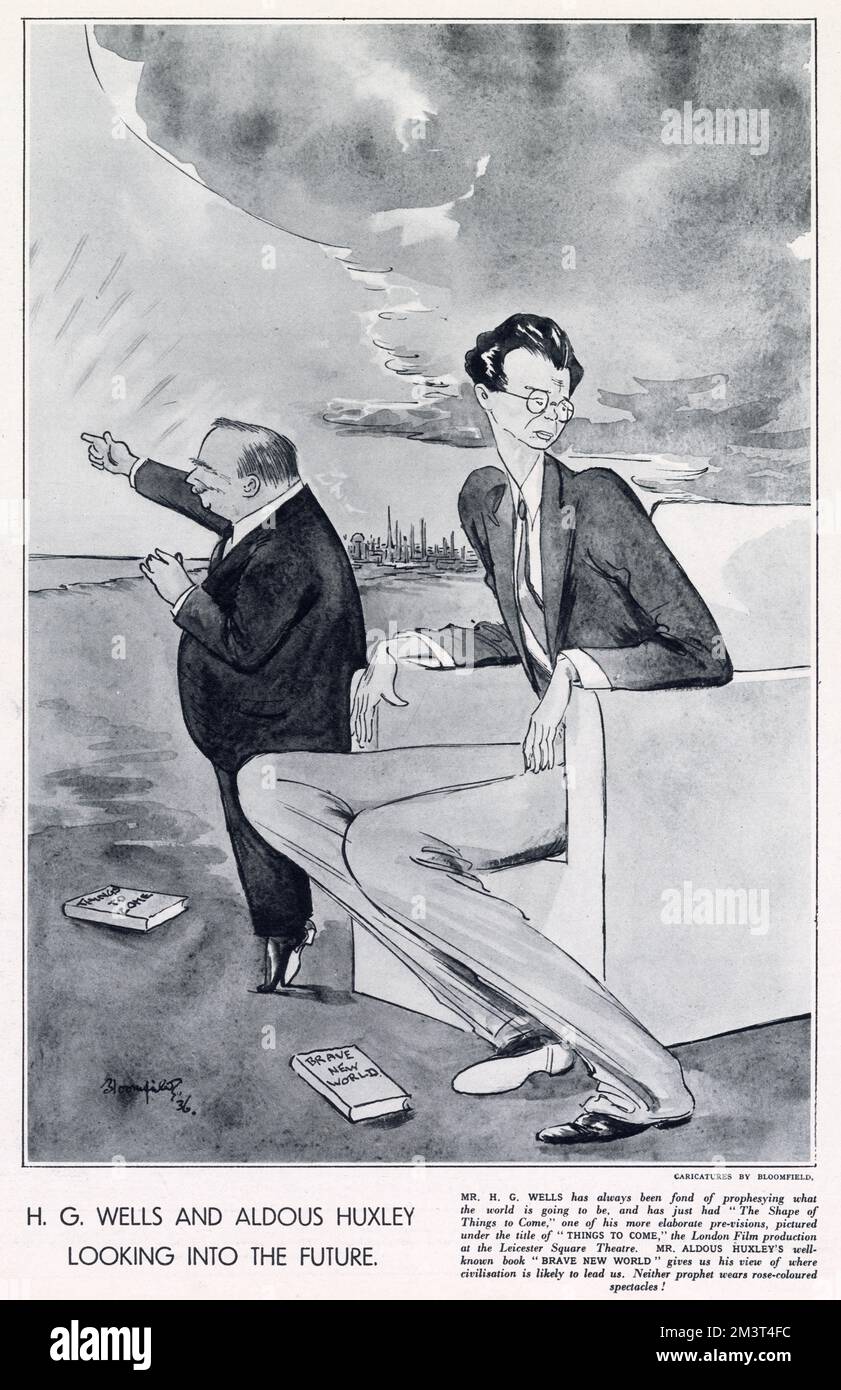 H. G. Wells und Aldous Huxley, zwei Schriftsteller, die für ihre Prophezeiung der Zukunft bekannt sind, karikiert in The Sketch. Wells Buch "The Shape of Things to Come" wurde gerade in einen Film "Things to Come" umgewandelt, der im Leicester Square Theatre gezeigt wurde, als dieses Bild veröffentlicht wurde. Huxleys „Brave New World“ bot auch eine klare Vision der Zukunft für 1930er-Leser! Stockfoto