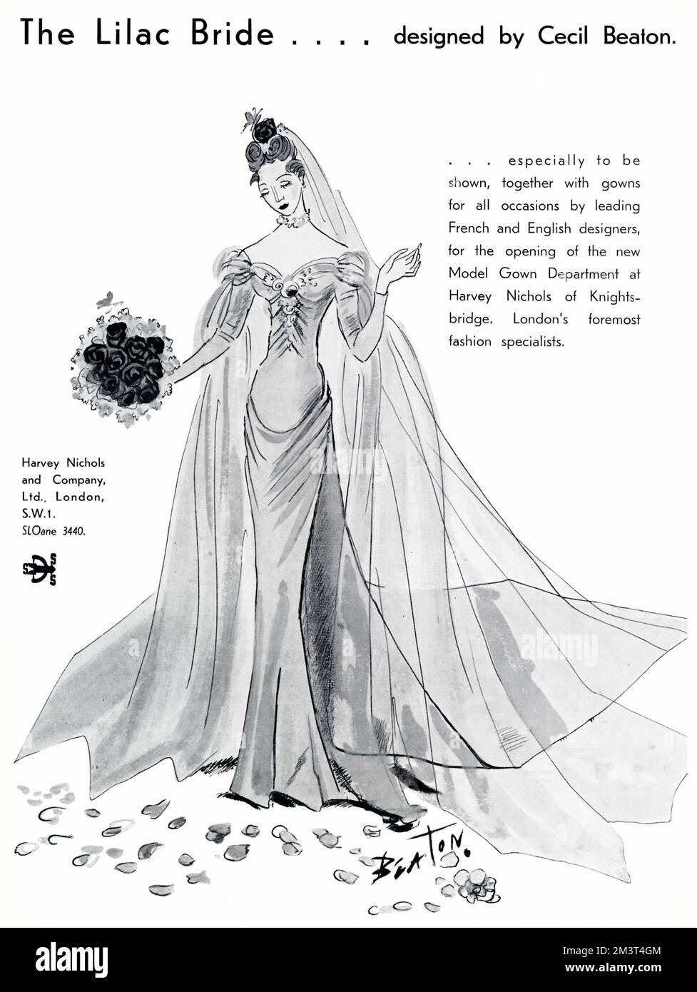 Werbung für die Harvey Nichols Model Gown-Abteilung mit einem Design, The Lilac Bride, entworfen von Cecil Beaton, gezeigt neben „Kleider für alle Anlässe von führenden französischen und englischen Designern“. Stockfoto