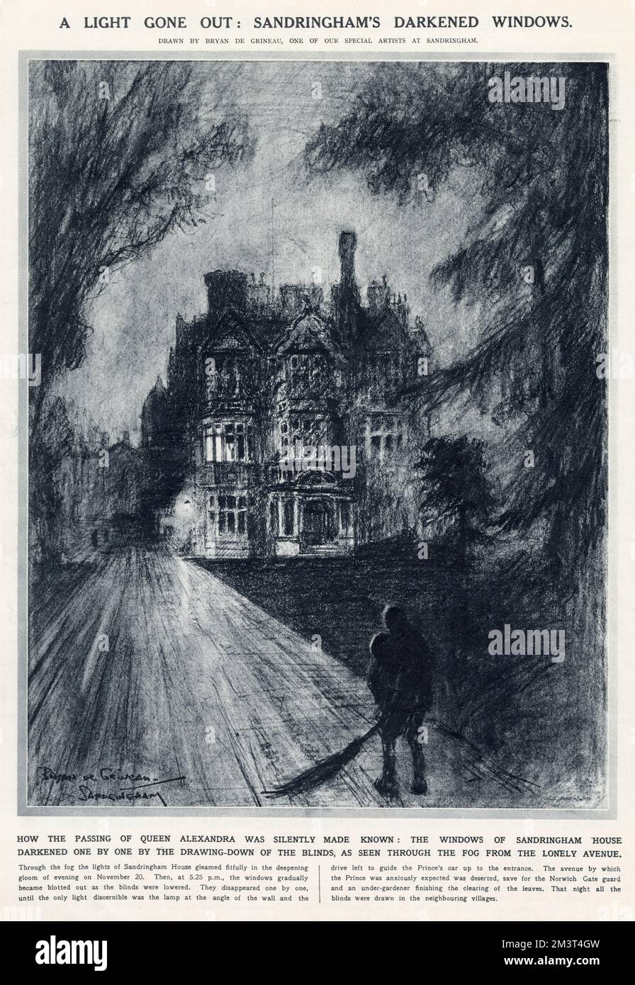 Ein Licht ging aus: Sandringhams dunkle Fenster. Wie der Tod von Königin Alexandra lautlos bekannt wurde: Die Fenster des Sandringham House wurden am Abend des 20. November 1925 durch das Herunterziehen der Jalousien verdunkelt, wie sie durch den Nebel von der einsamen Straße aus gesehen wurden. Stockfoto