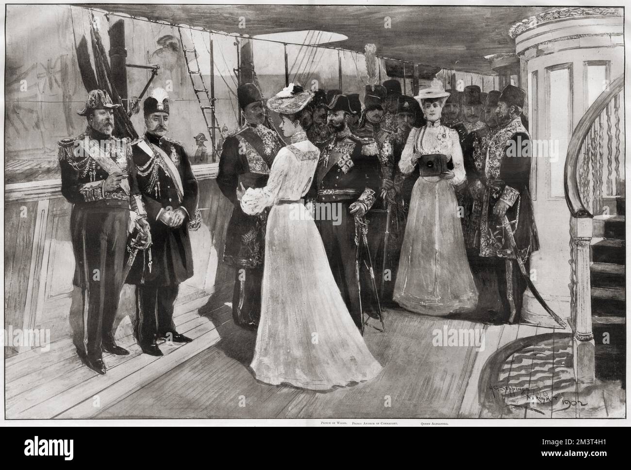 Besuch von Muzaffir-ed-DIN (Mozaffar ad-DIN Shah Qajar), Schah von Persien, bei König Edward VII in Portsmouth am 20. August 1902: Prinzessin Victoria fotografiert den König und den Schah an Bord der königlichen Yacht. Königin Alexandra wird auch mit ihrer Kamera gezeigt. Stockfoto